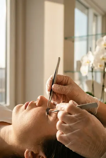 Aplicação de extensão de cílios — close-up