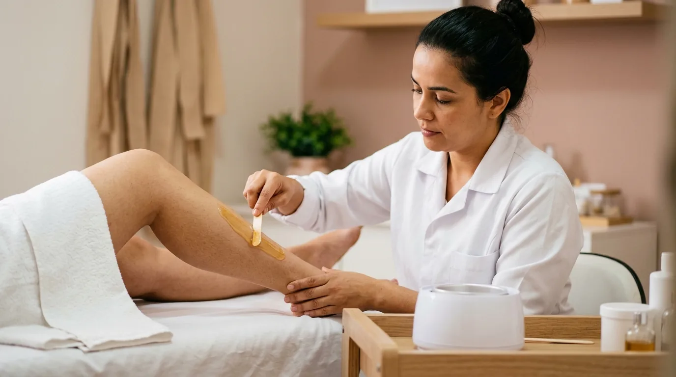 Profissional de estética preparando a cera para a sessão de depilação na maca do estúdio