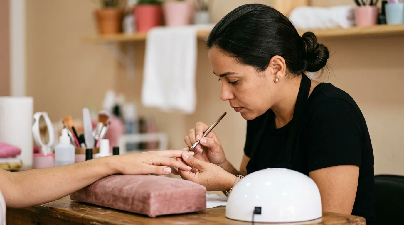 Nail designer finalizando o alongamento de unhas de uma cliente na mesa de manicure